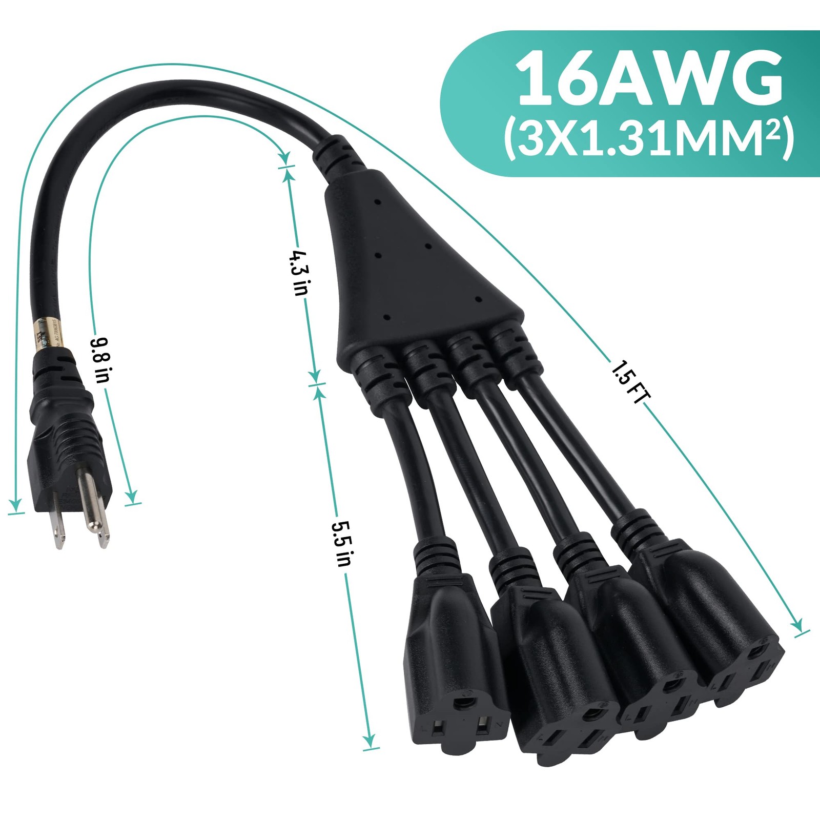 4 Way Power Cord Splitter Extension Cable Y Outlet Saver SJTW 1.5ft 2 PACK