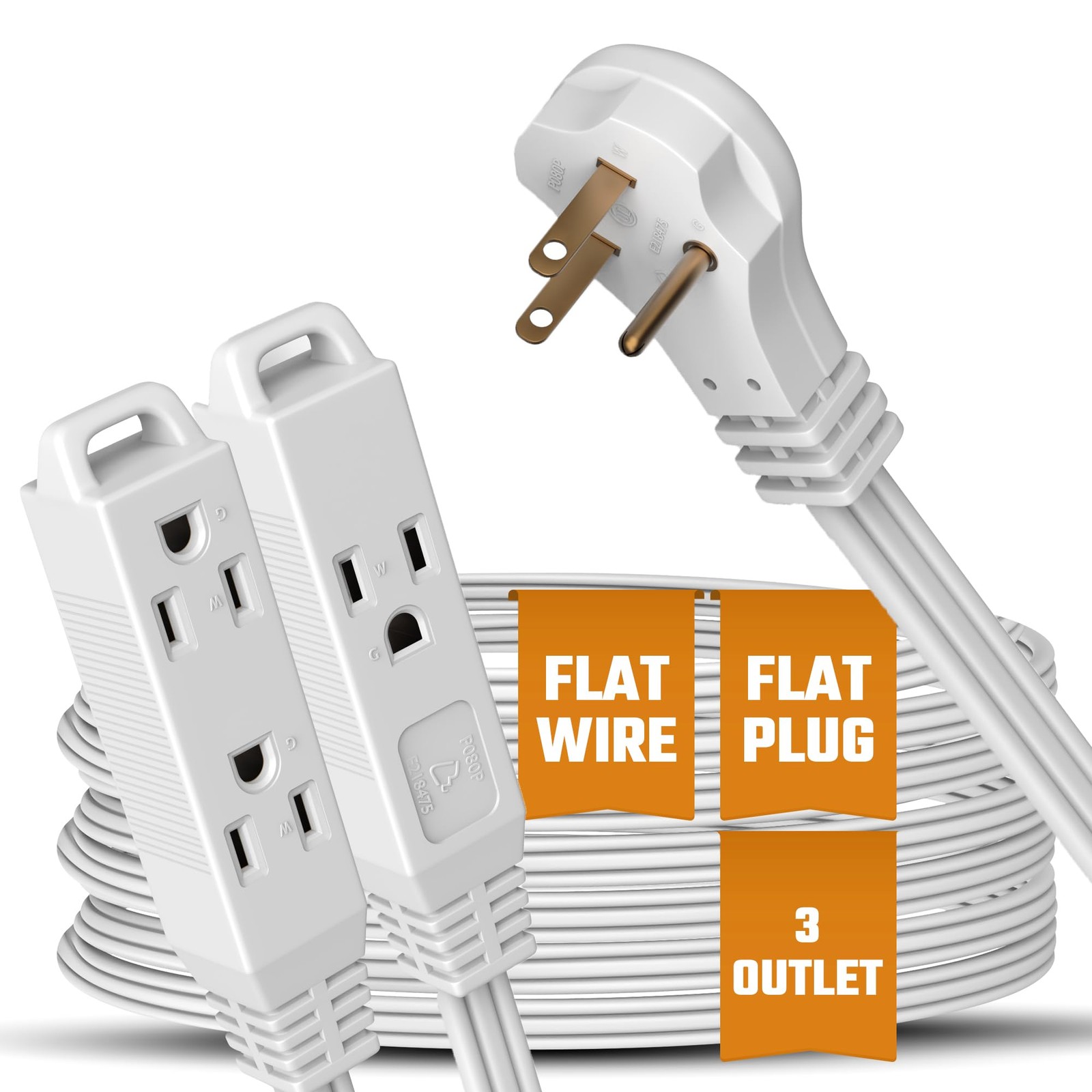 Flat 3-Outlet Extension Cord 10 Ft for Indoor Use by Bindmaster- 10 Ft, White