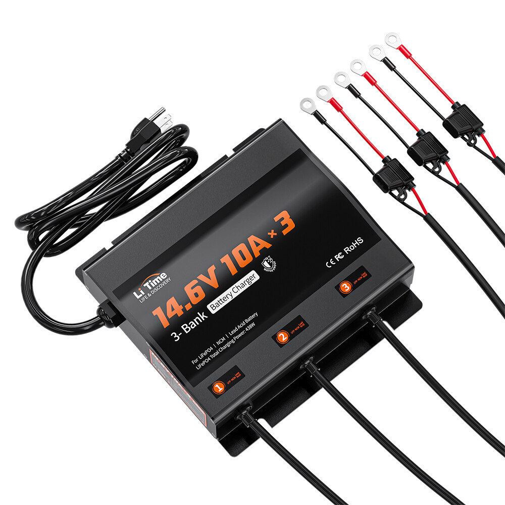 LiTime 3-Bank 10A (10A/Bank) Smart Battery Charger 14.6V AC-DC For LiFePO4 AGM