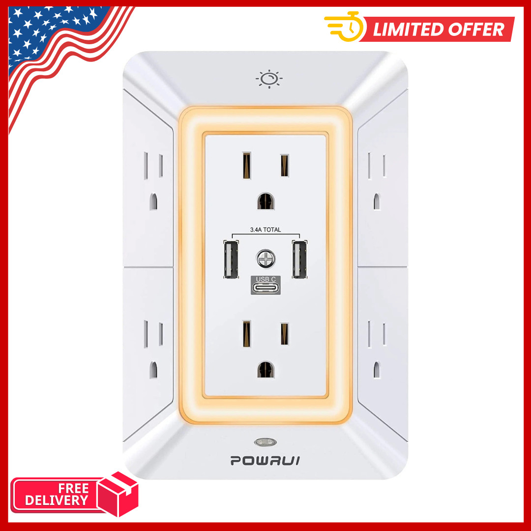 Multi Plug Outlet Surge Protector – POWRUI 6 Outlet Extender with 3 USB Ports…