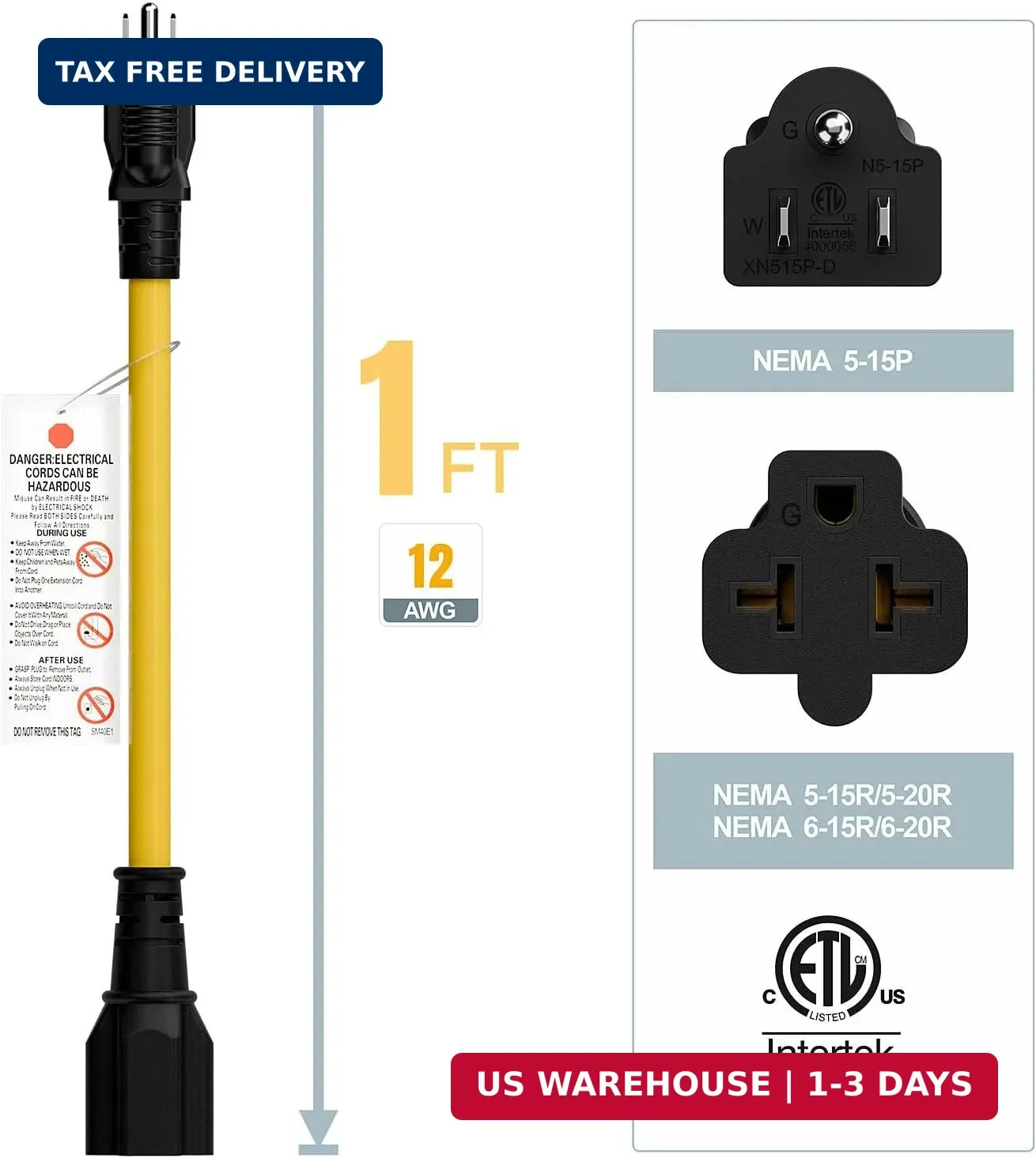 [4-in-1] 12AWG 15 Amp Household AC Plug to 20 Amp T Blade Adapter Cable, NEMA 5-