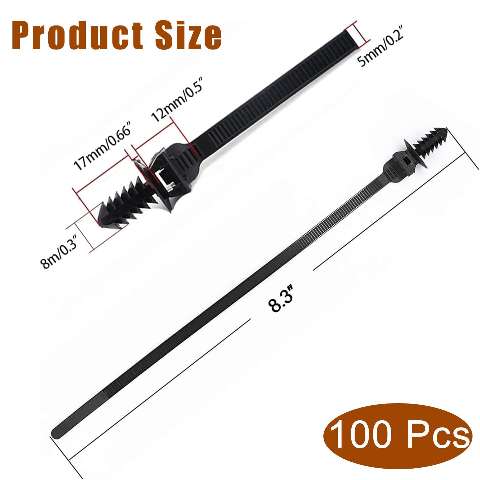 100Pcs 8in Black Push Mount Zip Ties Fir Tree Cable Wire Fastener Indoor Out