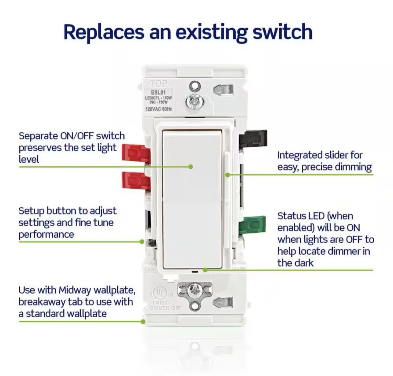 Leviton Decora Lever Edge Rocker Slide Dimmer Switch 150w Single Pole or 3-Way
