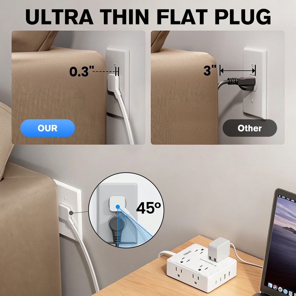 Flat Plug Power Strip with 8 Outlet Long Extension Cord USB Port Surge Protector