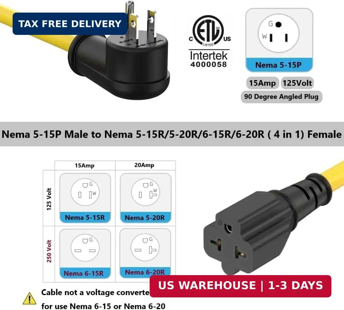 3FT 12AWG Heavy Duty Right-Angle Extension Cord 90 Degree 15-amp to 20-amp, 15Am