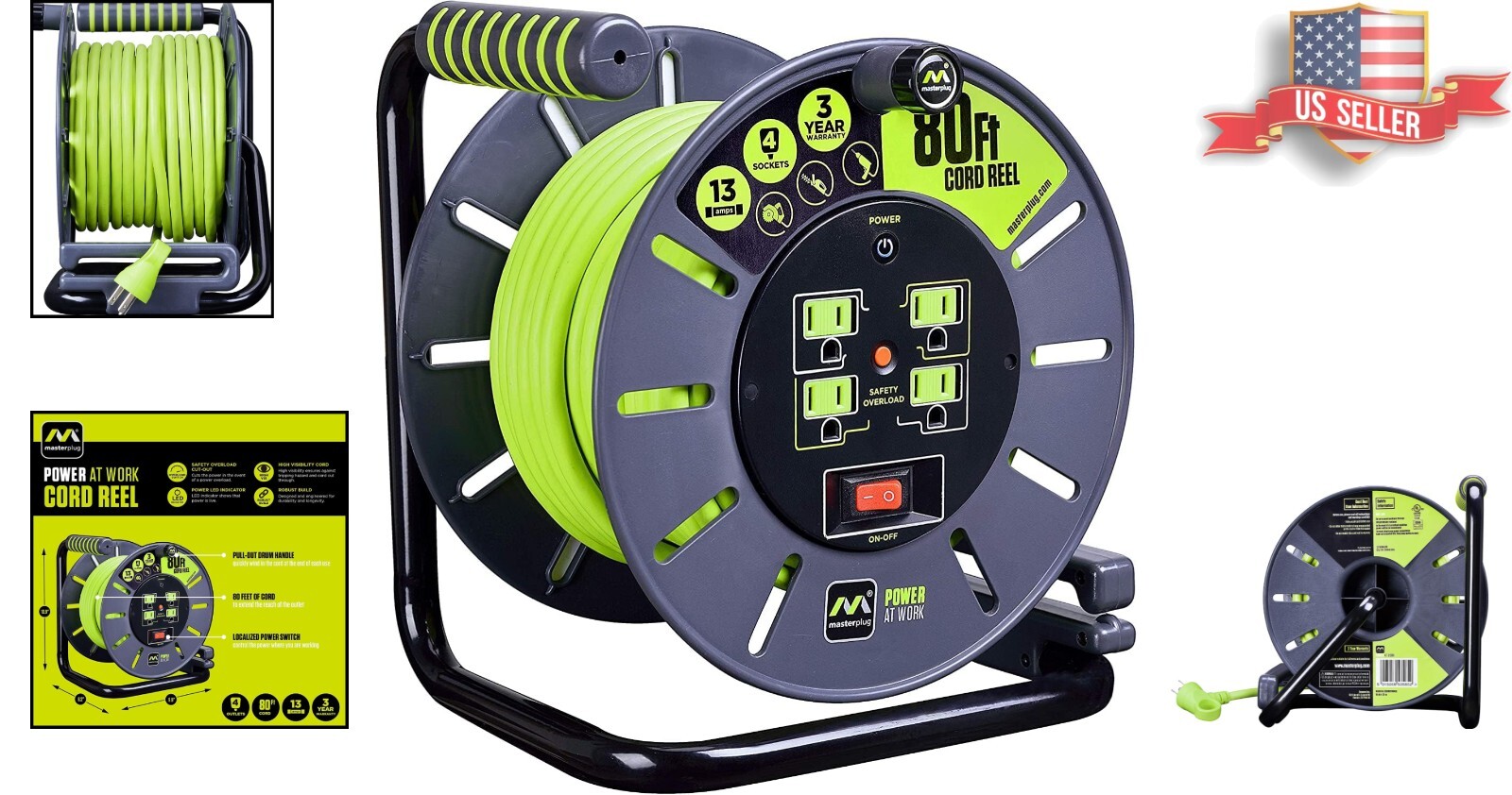 Ergonomic Cord Reel with High Visibility Cable and On/Off Switch