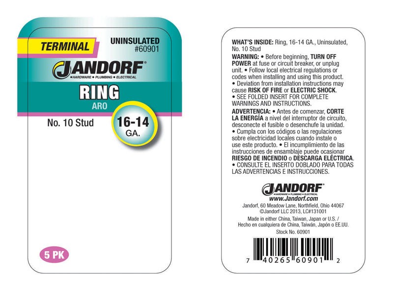 Jandorf 60901 Tin-Plated Copper Uninsulated #10 Stud Ring Terminal 16 to 14 AWG