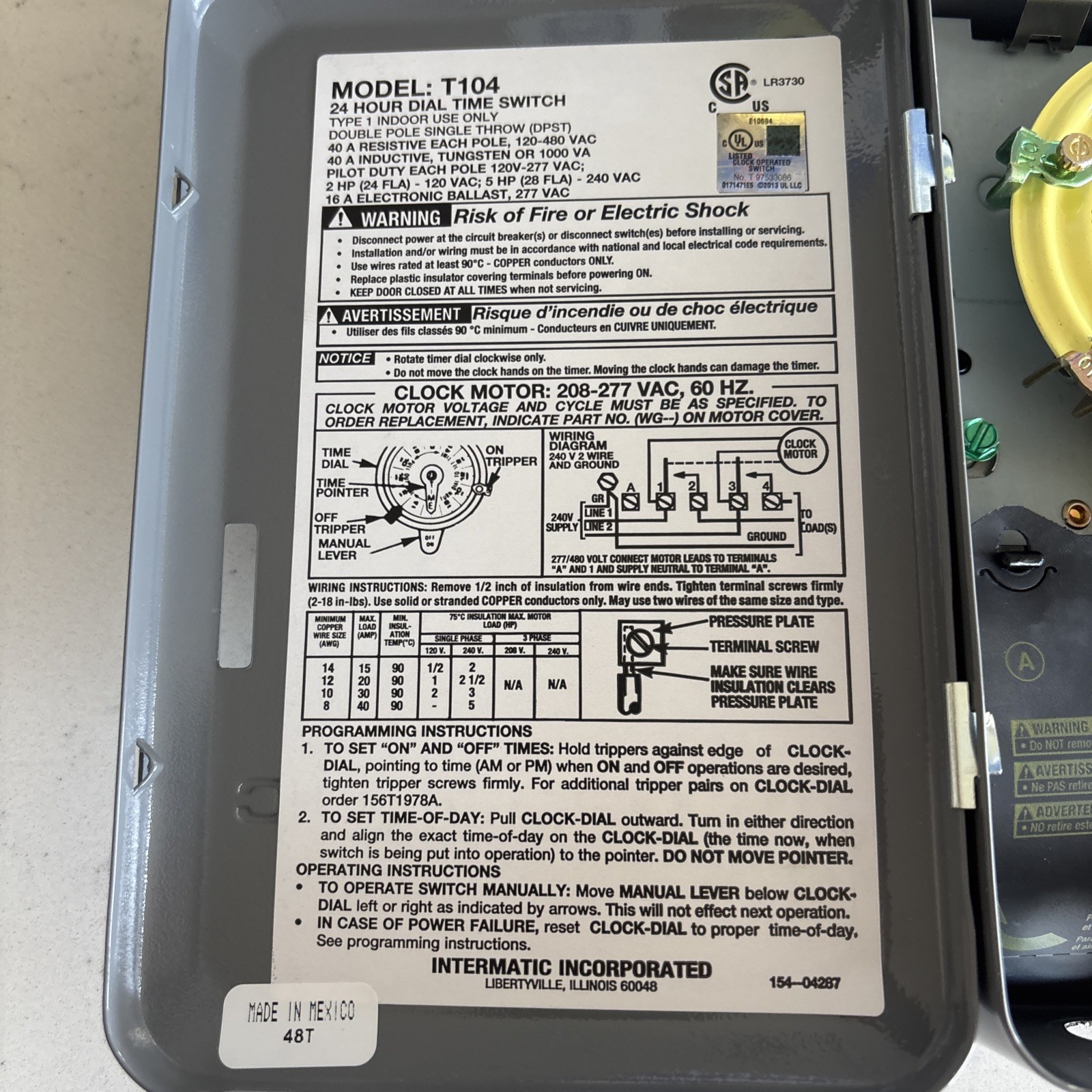 NEW Intermatic T104 Electromechanical Timer Switch, 40A 208-277 VAC 60hz