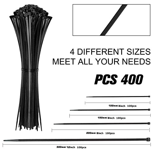 Cable Zip Ties,400 Pack Assorted Sizes 12+8+6+4 4+6+8+12-Inch(400PCS Set) Black