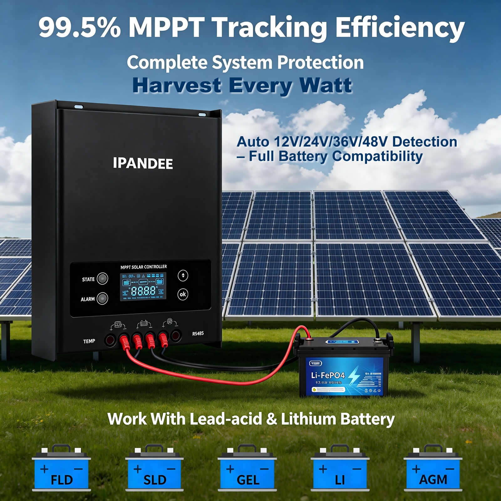MPPT Solar Charge Controller 60A/100A 12V/24V/36V/48V For Battery Regulator w/BT