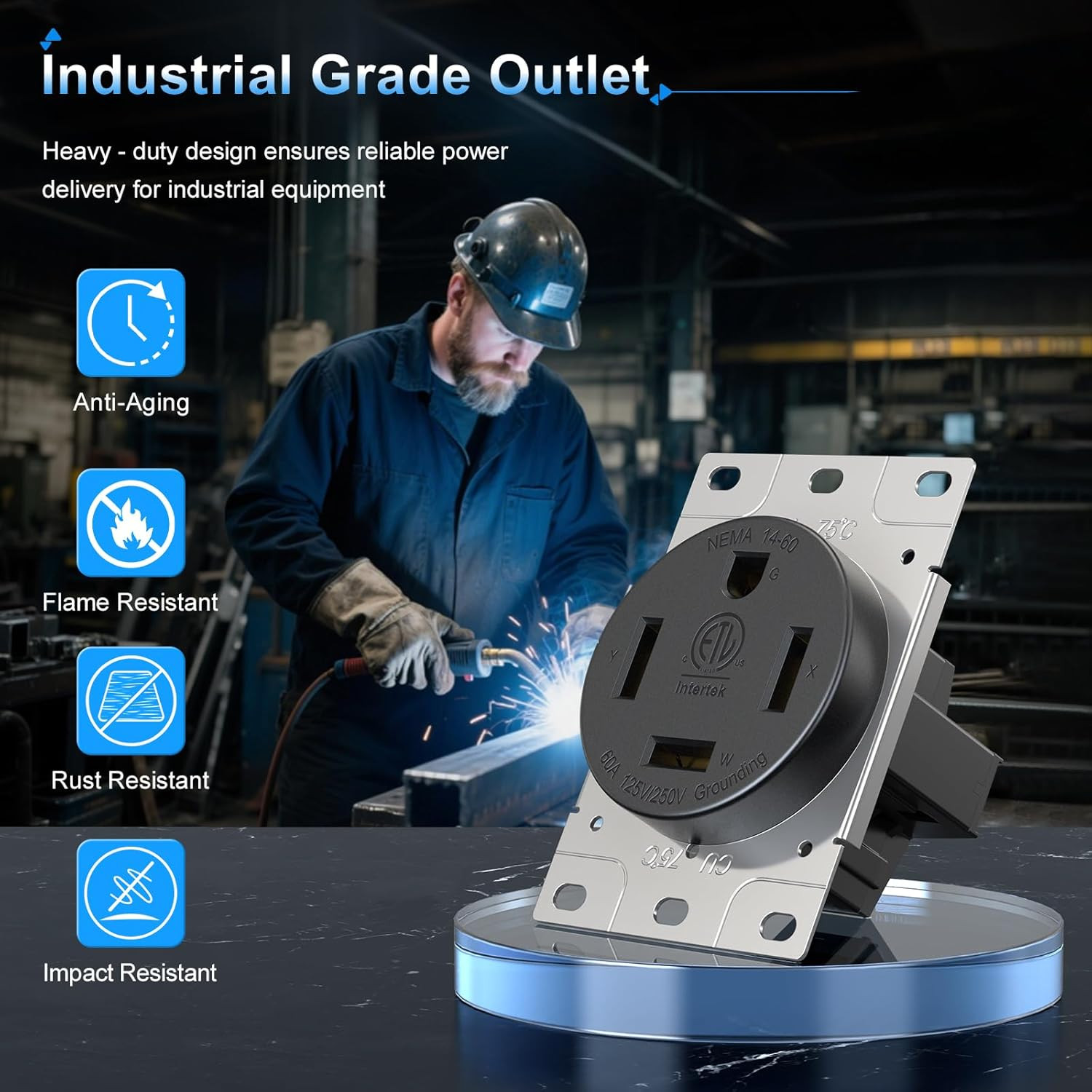 60A Receptacle NEMA 14-60R Flush Mount Outlet 125/250V 4-Prong Socket Industrial