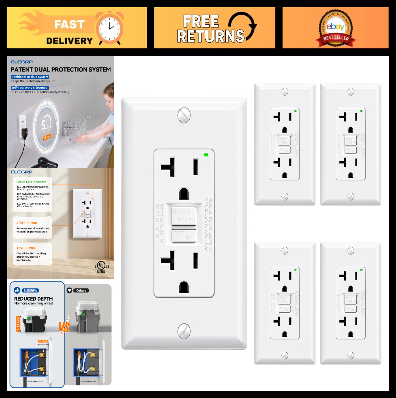 20 Amp GFCI Outlet Self-Test, Narrow Design with LED Indicator, UL Listed, 5 Pac