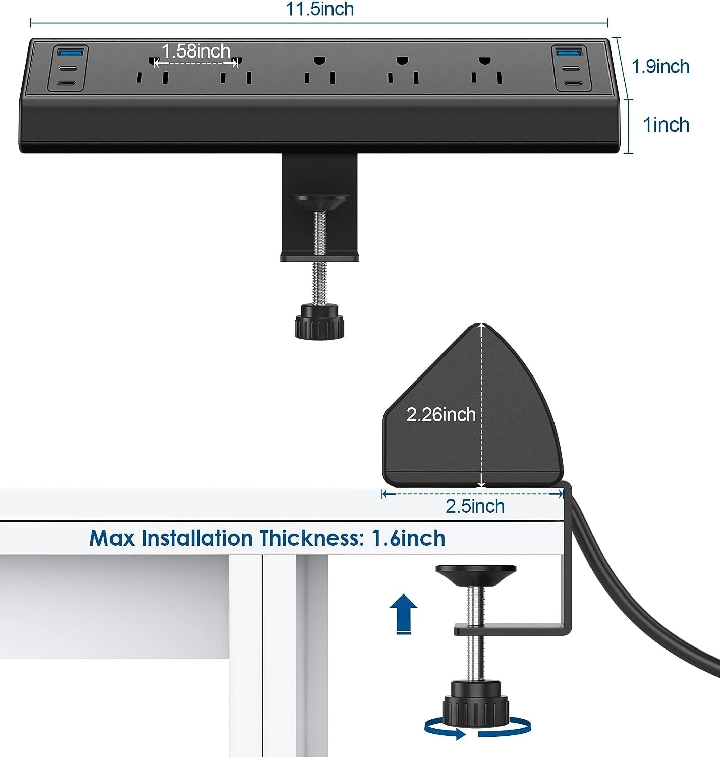 Versatile Desk Clamp Power Strip – USB C Fast Charging – 5 Outlets 6 USB Ports