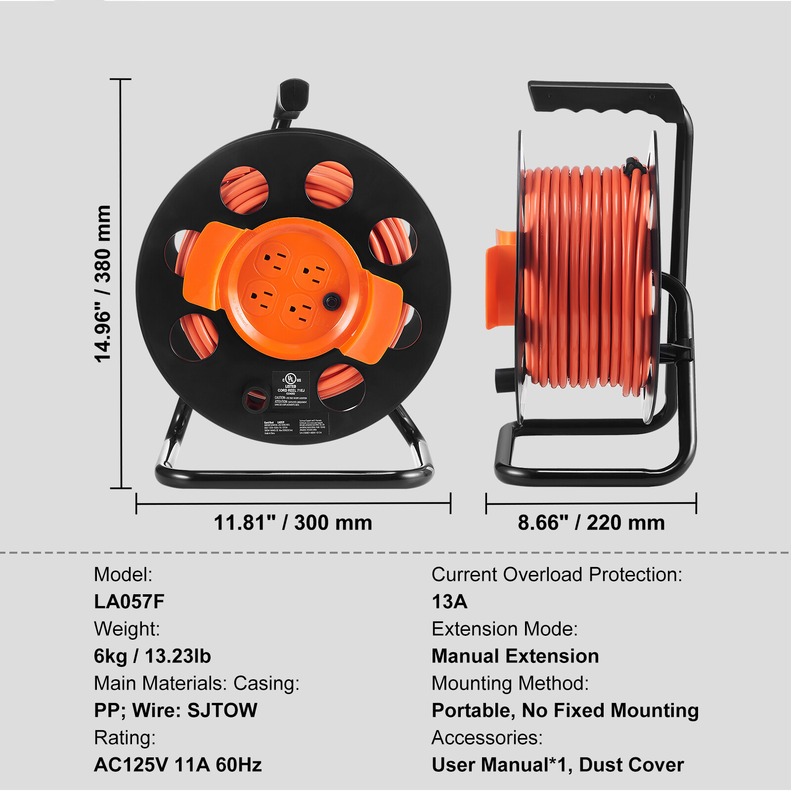 Extension Cord Reel 100FT with 4 Outlets 14AWG SJTOW Manual Cord Reel