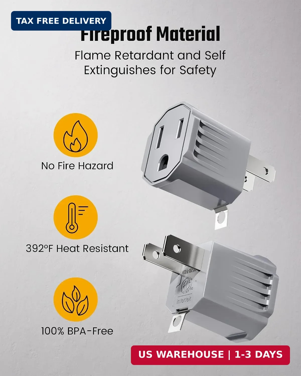 2 Prong to 3 Prong Outlet Adapter, ETL Listed 3-2 Prong Adapter, Fire-Retardant