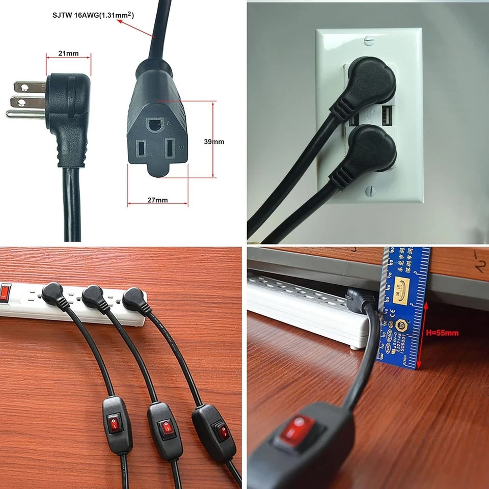Flat Plug Extension Cord with ON Off Waterproof 3-Prong Plug, black