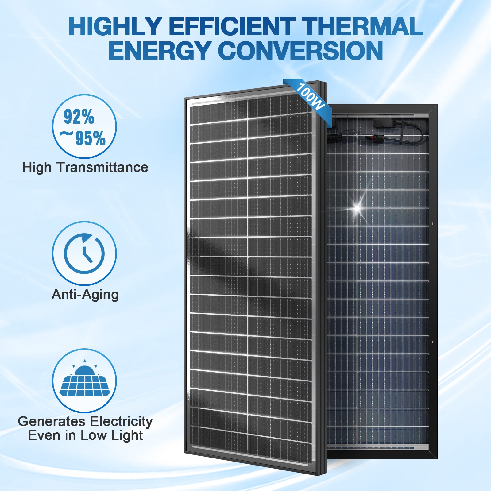 100Watt N-Type Bifacial Solar Panel 12V Mono Home PV Power Off-Grid Boat Power