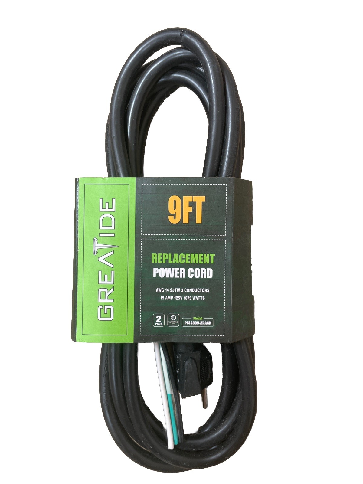 GREATIDE Replacement Power Cord AWG 14 SJTW 3 CONDUCTORS 15 AMP 125V 1875 WATTS