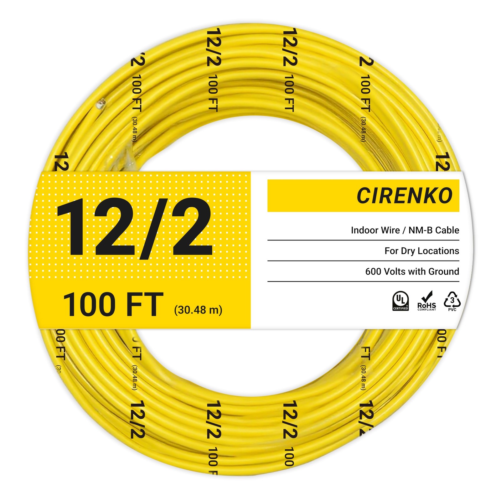 CIRENKO 12/2 NM-B Cable 100 FT – UL Listed Residential Indoor 100FT, Yellow