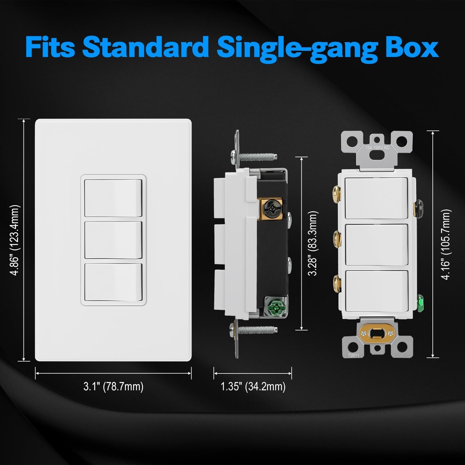 P3RW Wall Switch – Three-Rocker Light Switch Combo with Screwless Wall Pla