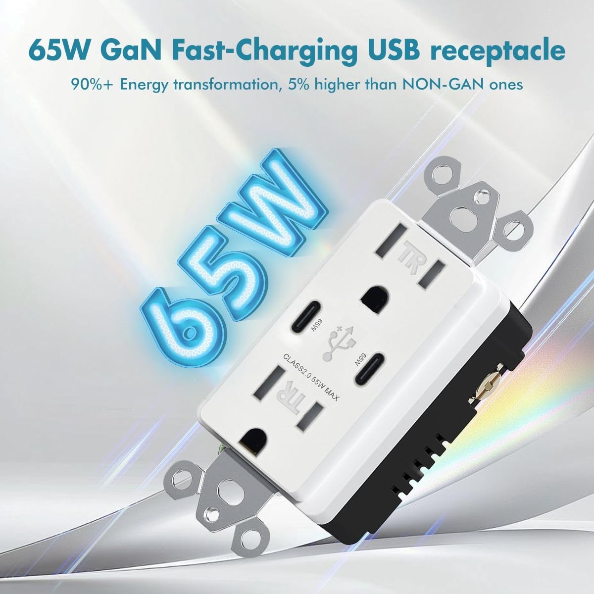 65W 2-Port USB C Wall Outlet, PD 3.0 GaN Tamper-Resistant 15 Amp