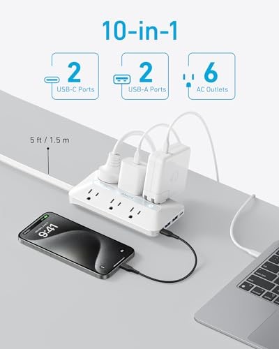 Power Strip Surge Protector 6 Outlets 2 USB C 2 USB 5ft Flat Extension Cord