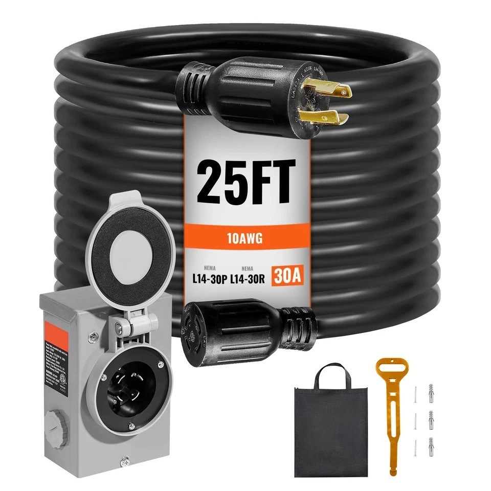 25 FT 30 Amp Generator Cord and Power Inlet Box NEMA L14-30P/L14-30R STW