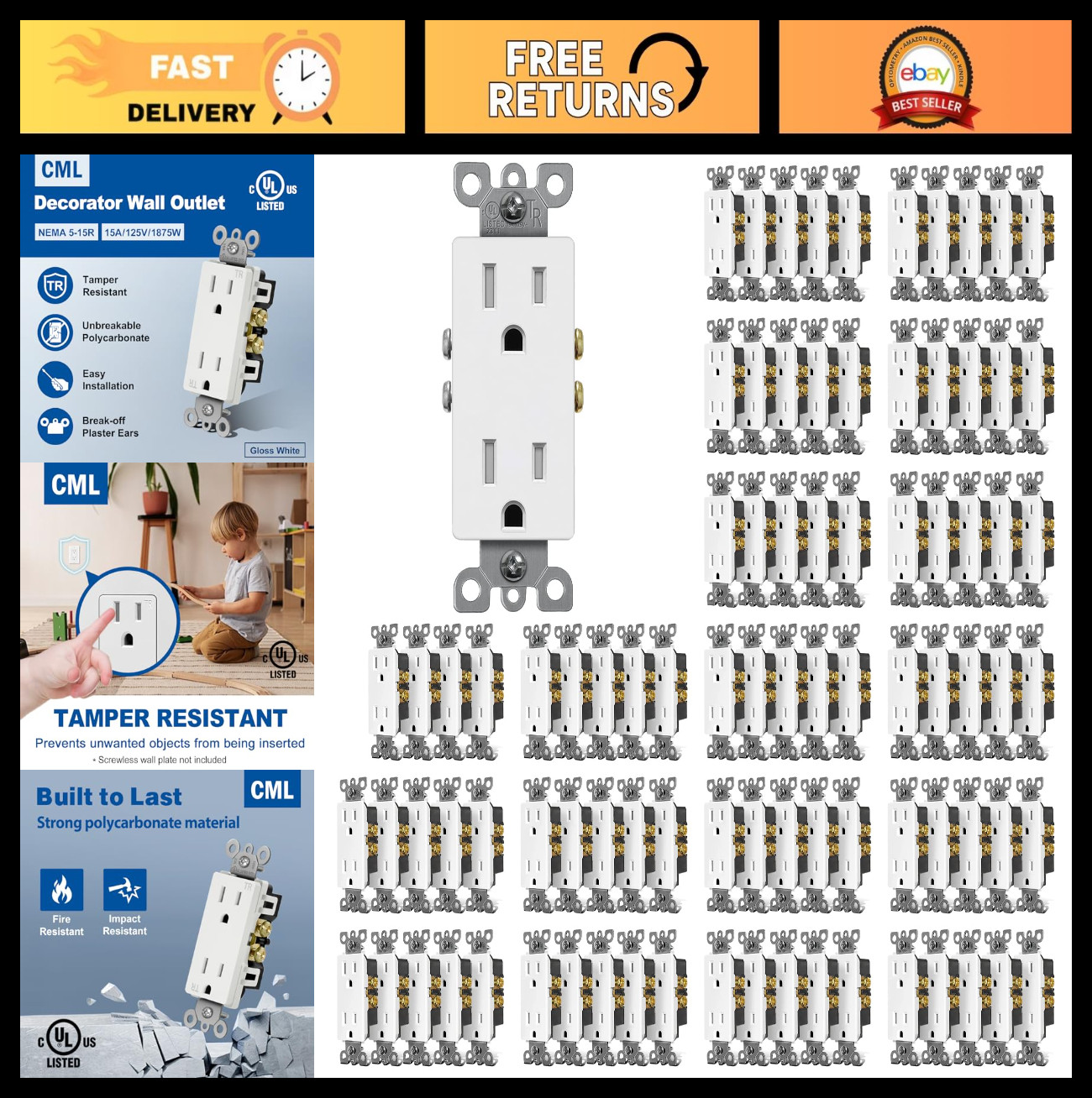 100 Pack 15 Amp Decor Wall Outlets, Tamper Resistant, Child-Safe, UL Listed, Whi