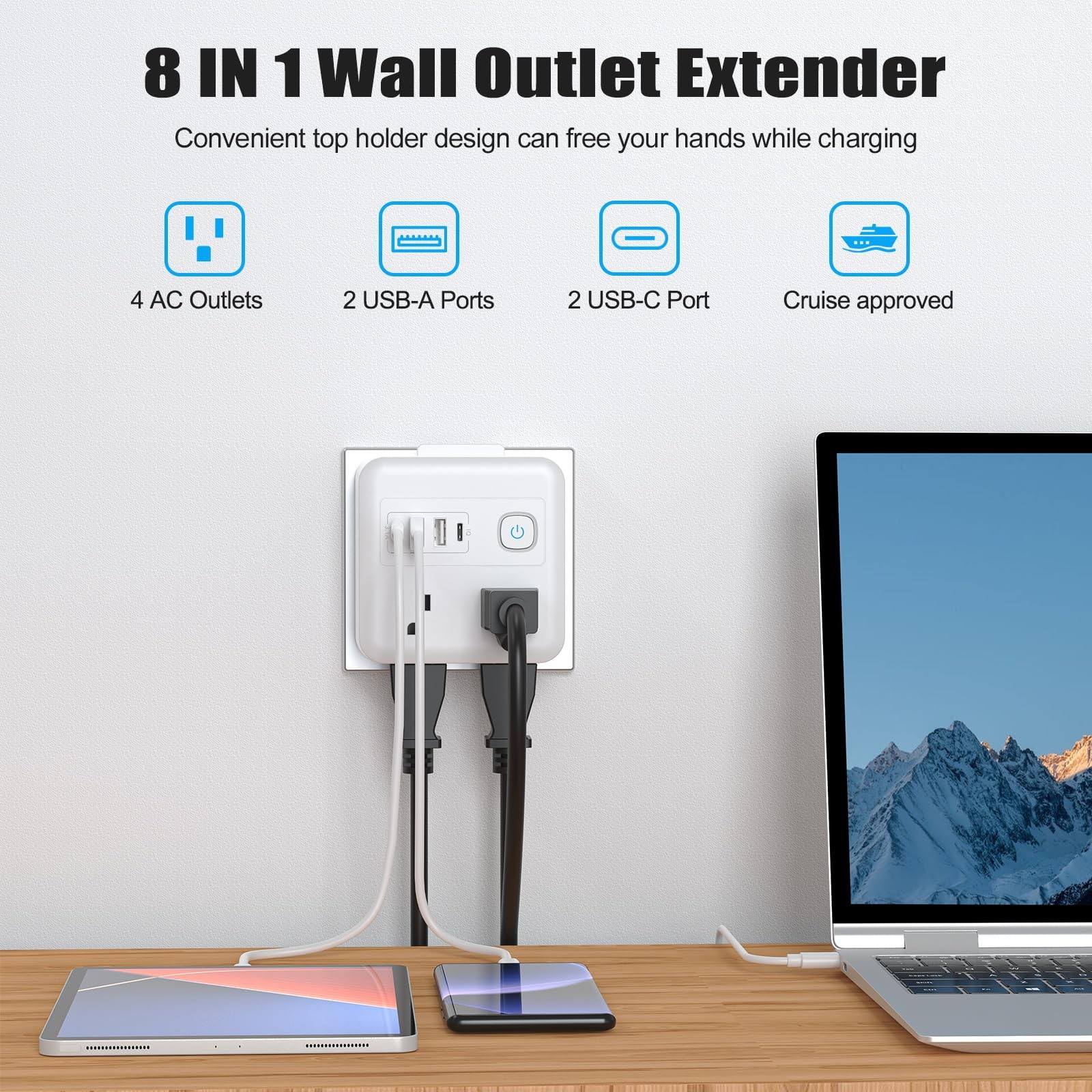 8-in-1 Multi Plug Expander, Outlet Extender with 4 Outlets & 4 USB Ports (2 U…