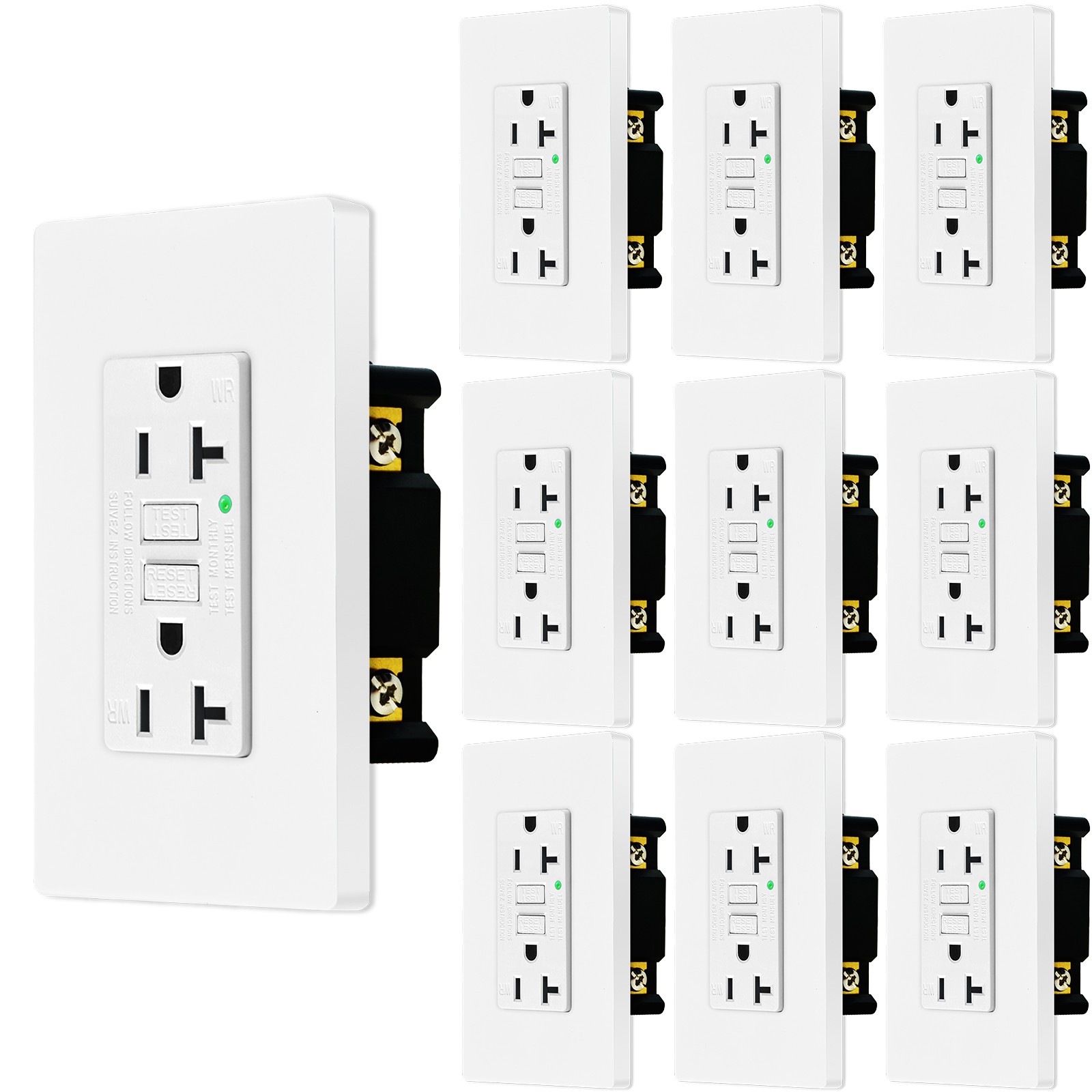 10PK GFCI Outlet 20 Amp Ground Fault Receptacle LED Indicator Non-TR w/Wallplate