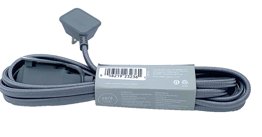 Globe “9 Foot” Fabric Indoor Extension Cord Grey 16/2 Gauge 3 Outlets 125V New