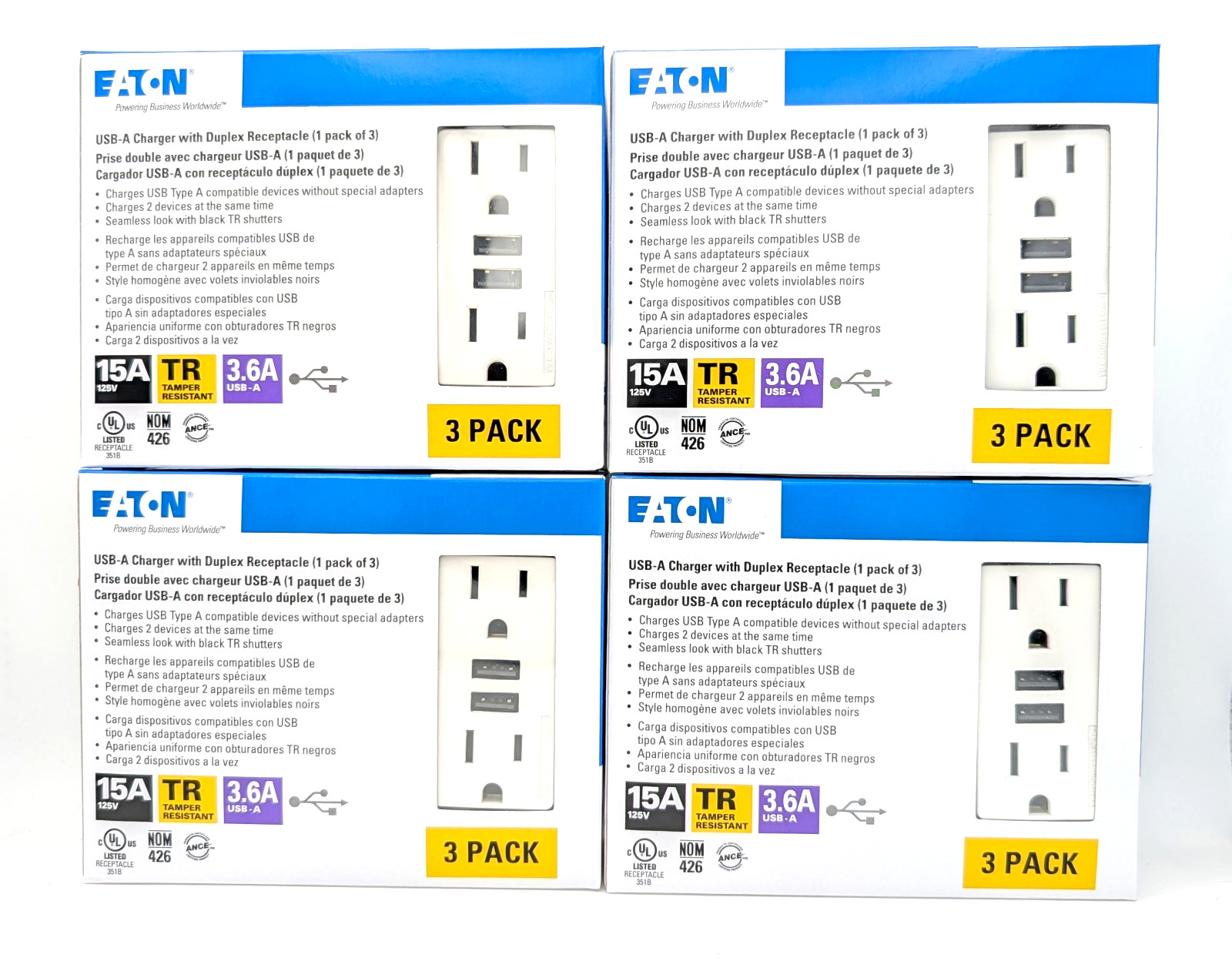 12 Pack TR7765W USB Outlets, Eaton 15A 125V USB 3.6A 18W Fast Charging TR Duplex
