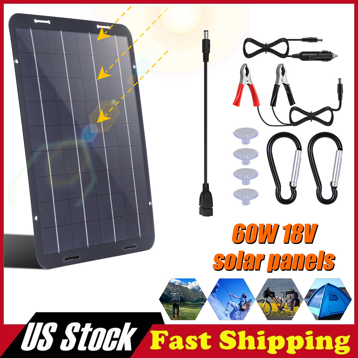 Portable 60W 18V Solar Panel Kit w/ USB & Car Charger for Boat RV Car Camping