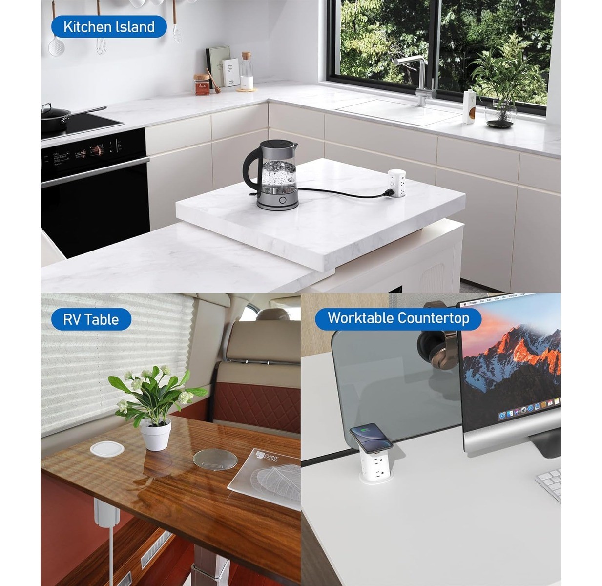 3″ Pop-Up Countertop Outlet 4 USB 15W Wireless Charger 20W PD ETL Listed White