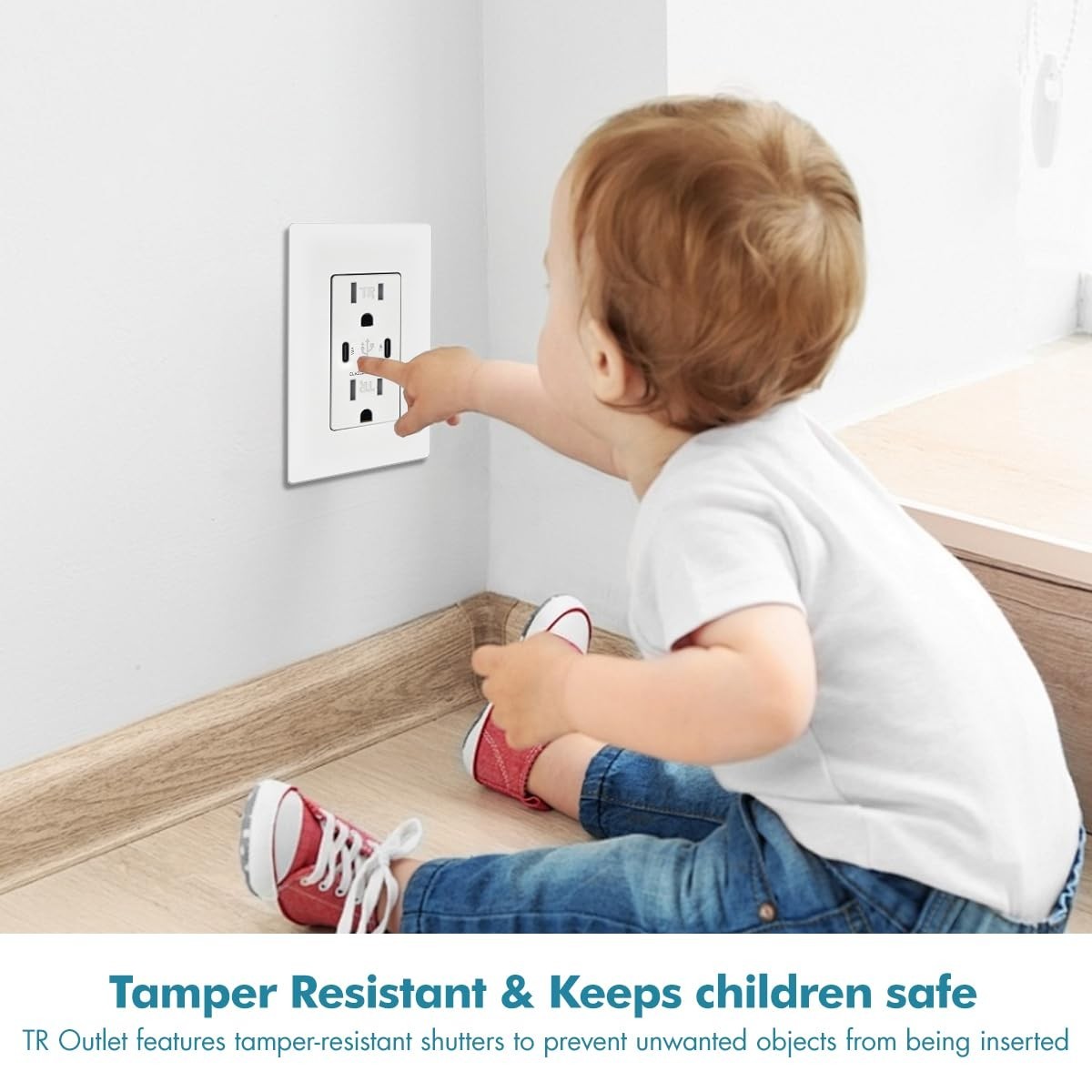 65W 2-Port USB C Wall Outlet, PD 3.0 GaN Tamper-Resistant 15 Amp