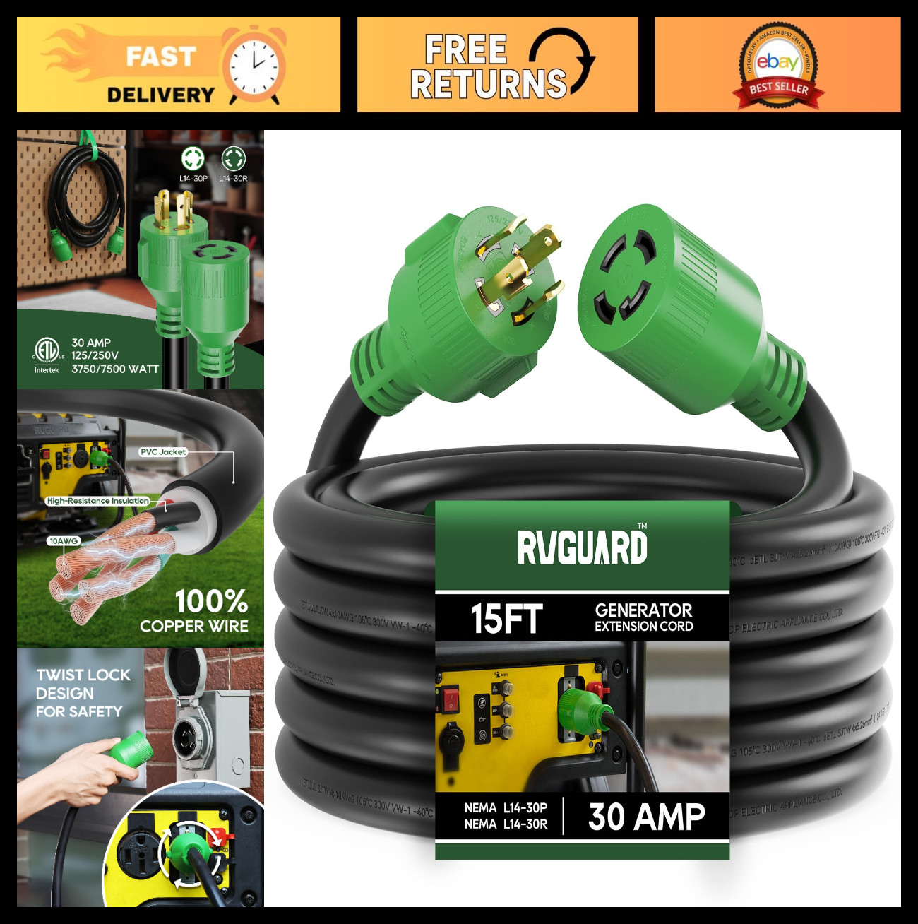 30 Amp 15ft Generator Extension Cord, NEMA L14-30P/L14-30R, 7500W, ETL Listed