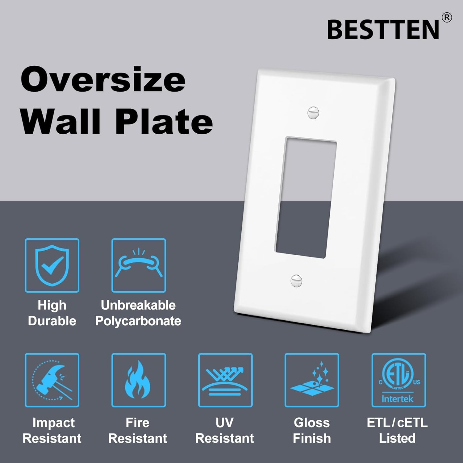 10 Pack Oversize Wall Plate, 1-Gang Decorator Receptacle Cover, Polycarbonate