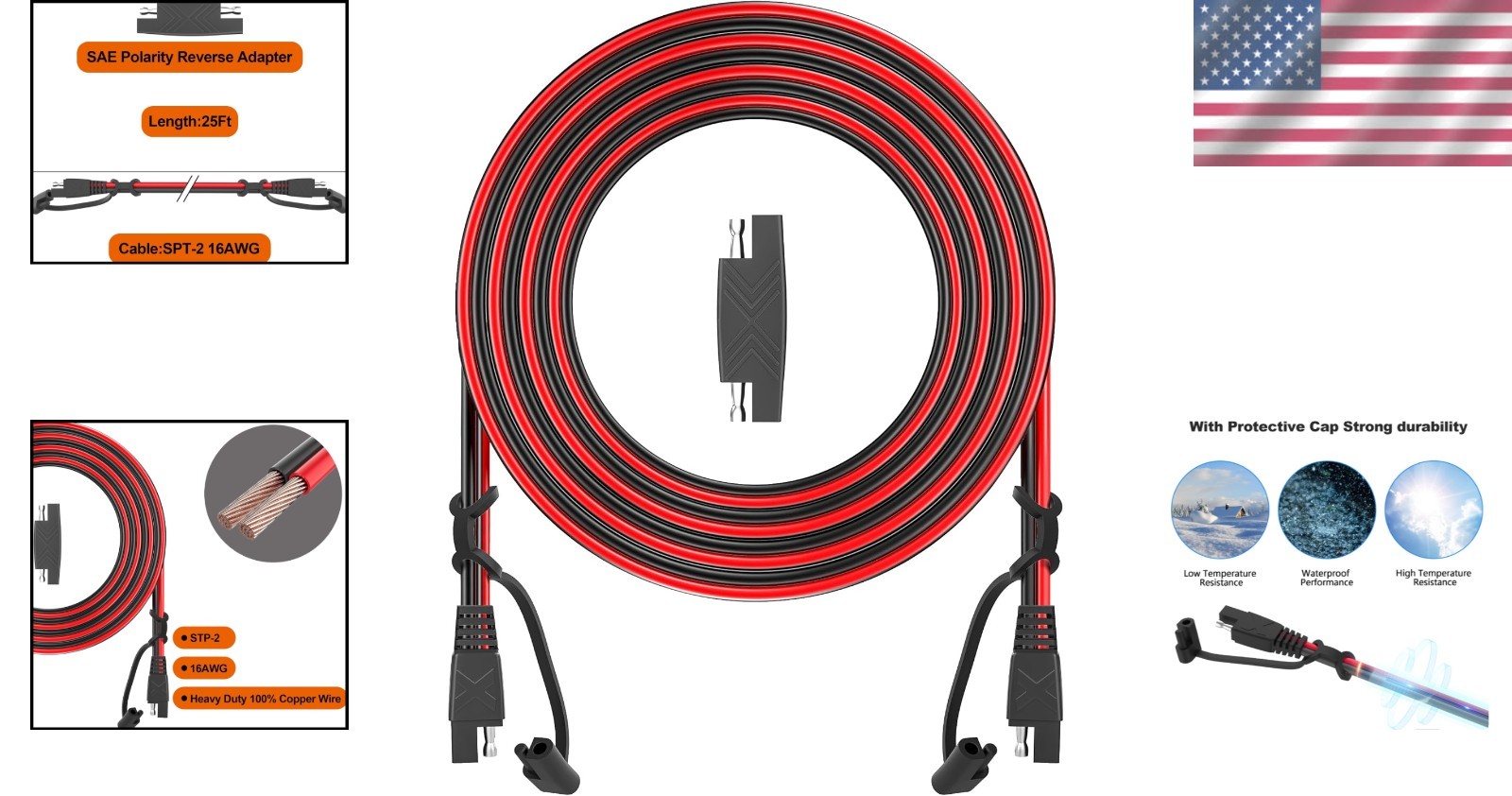 12FT Heavy-Duty SAE Extension Cable with Protection Cap – Dust & Water Resistant