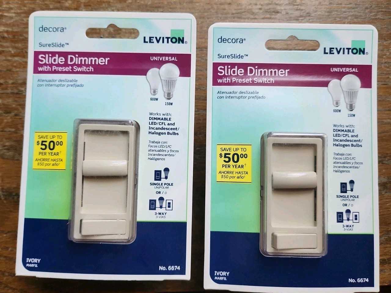 Lot Of 2 Ivory Leviton Decora SureSlide Slide Dimmer 120V 3-Way 6674