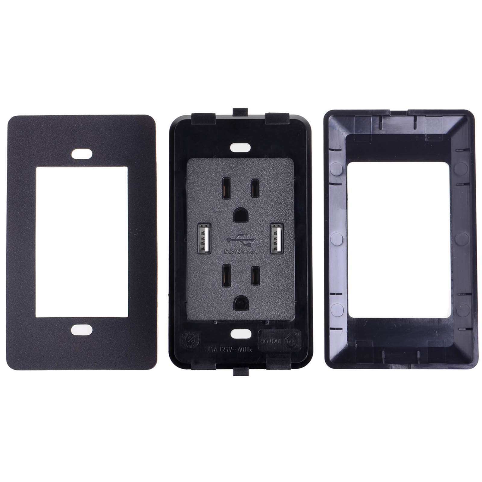 1Pack Black 15A USB Wall Outlet with 2 USB Ports (10W) 2 AC Outlets ETL-Listed