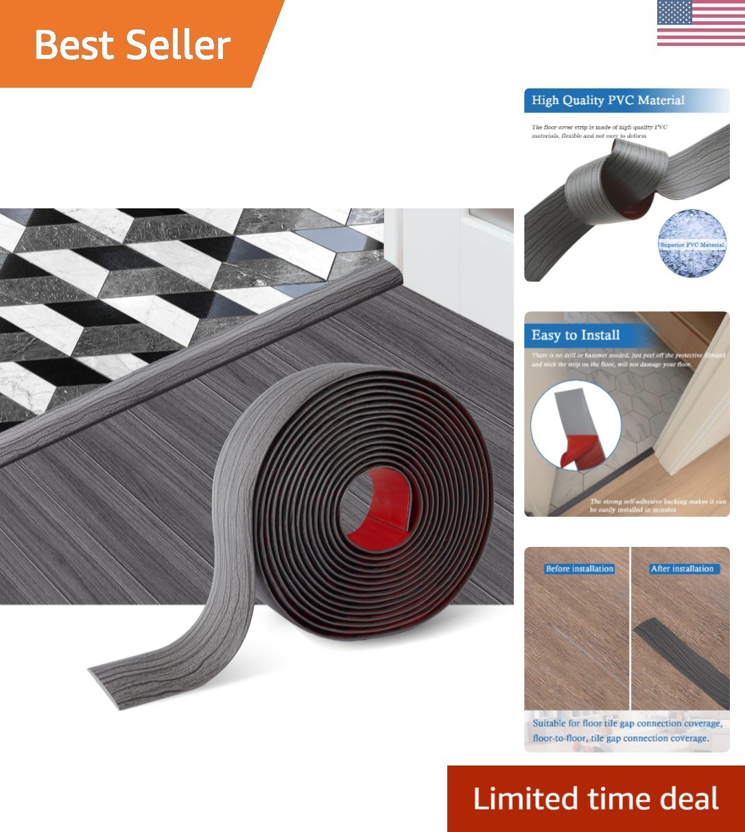 Decorative Dark Gray Floor Transition Strip: Self-Adhesive & Customizable 3.3ft