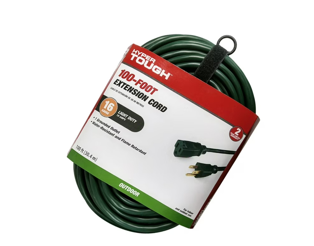 Hyper Tough 100FT 16AWG 3 Prong Green Outdoor Extension Cord, Single Outlet, 125