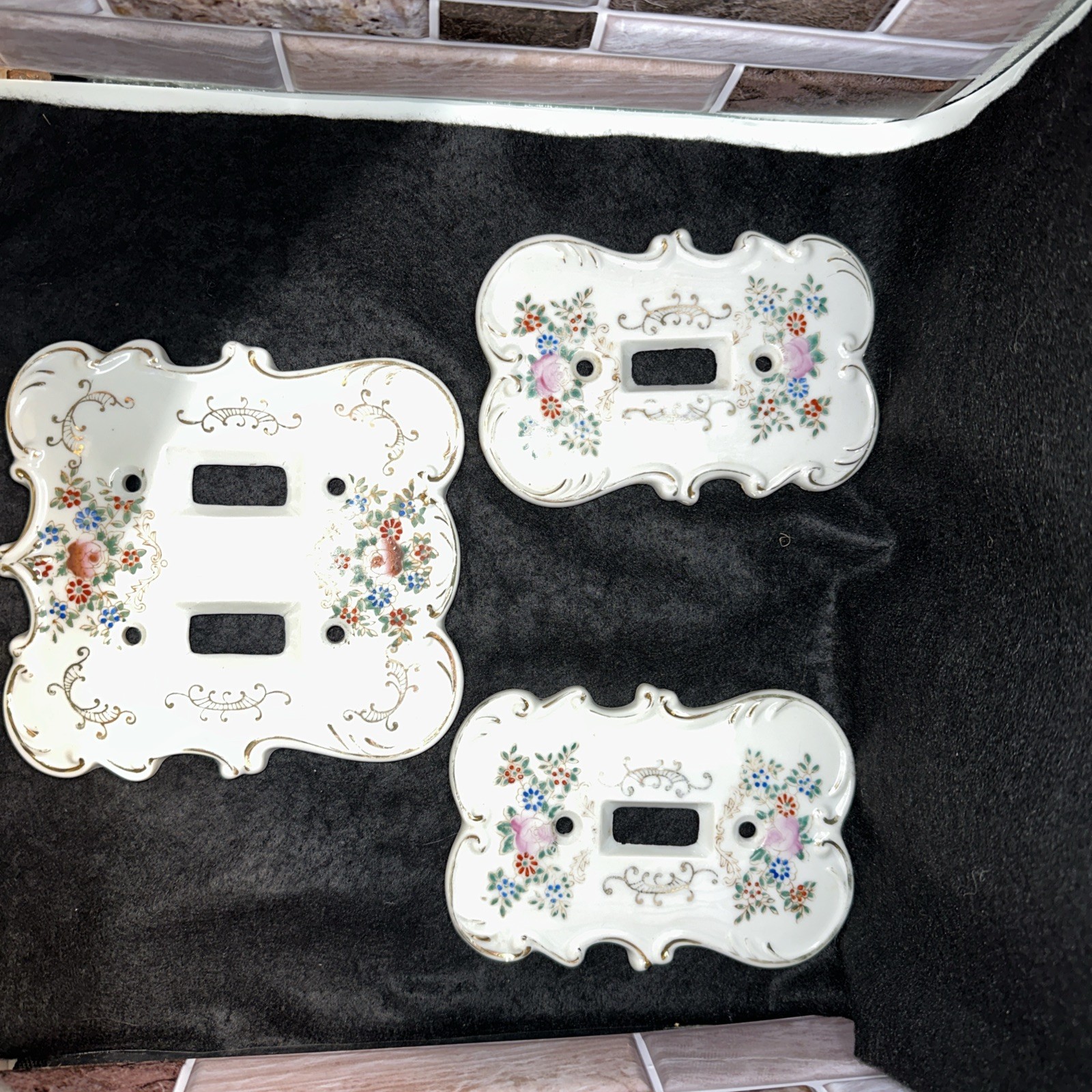 VTG 1950’s Porcelain Double & 2 single Light Switch Plate Covers Floral Japan