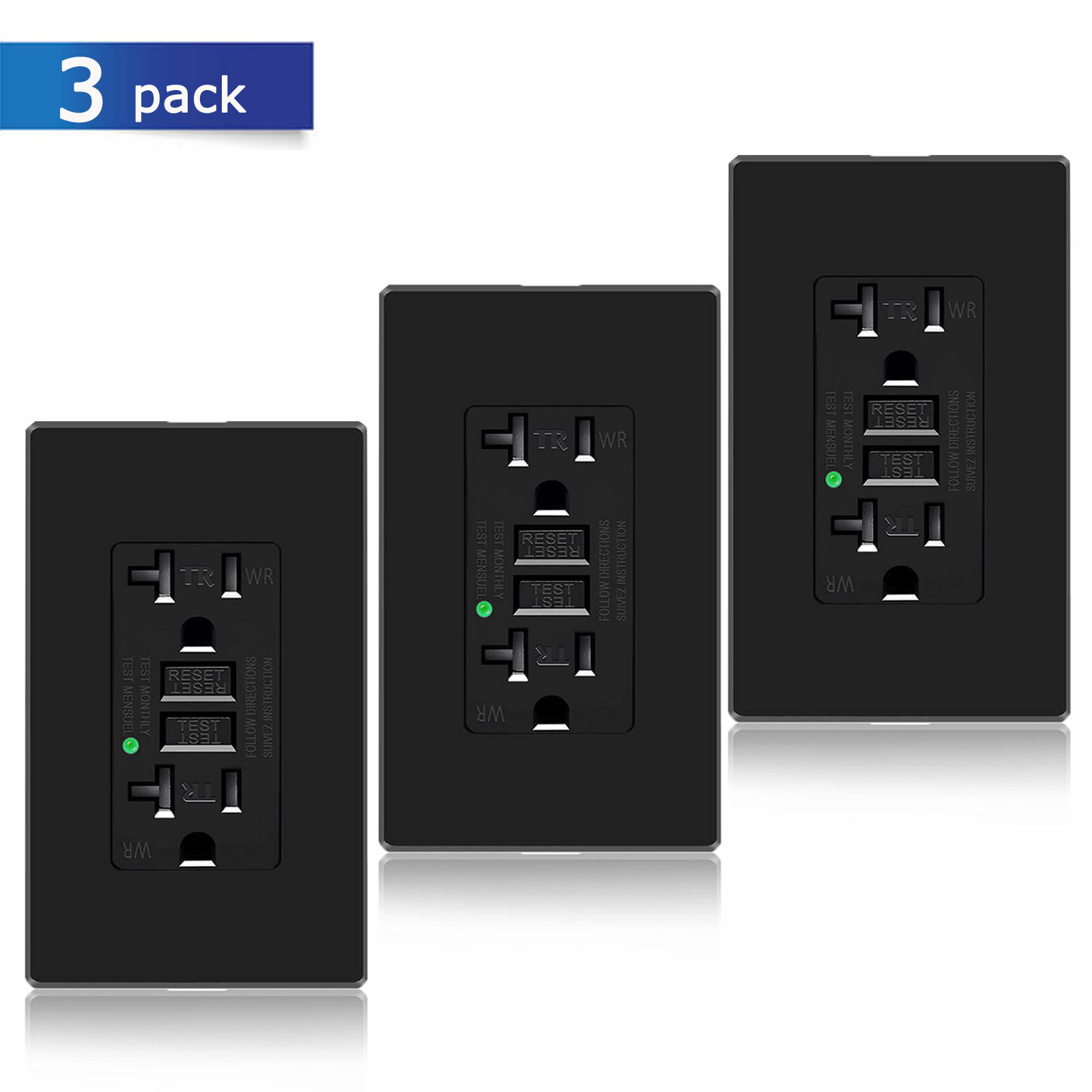 3Pack Safety 20Amp GFCI GFI Outlet Receptacle Tamper Weather Resistant Black ETL