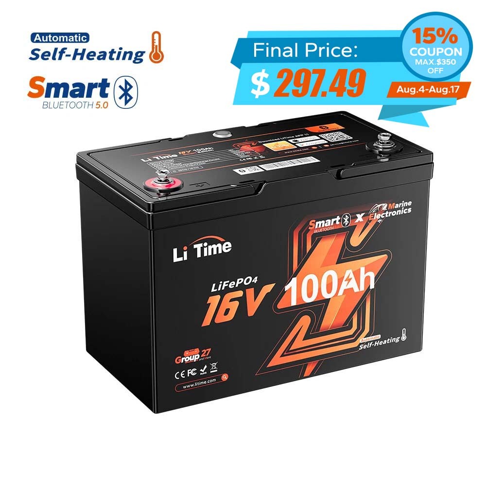 LiTime 16V 100Ah Professional Fish Finder Lithium Battery w/ Bluetooth Heating