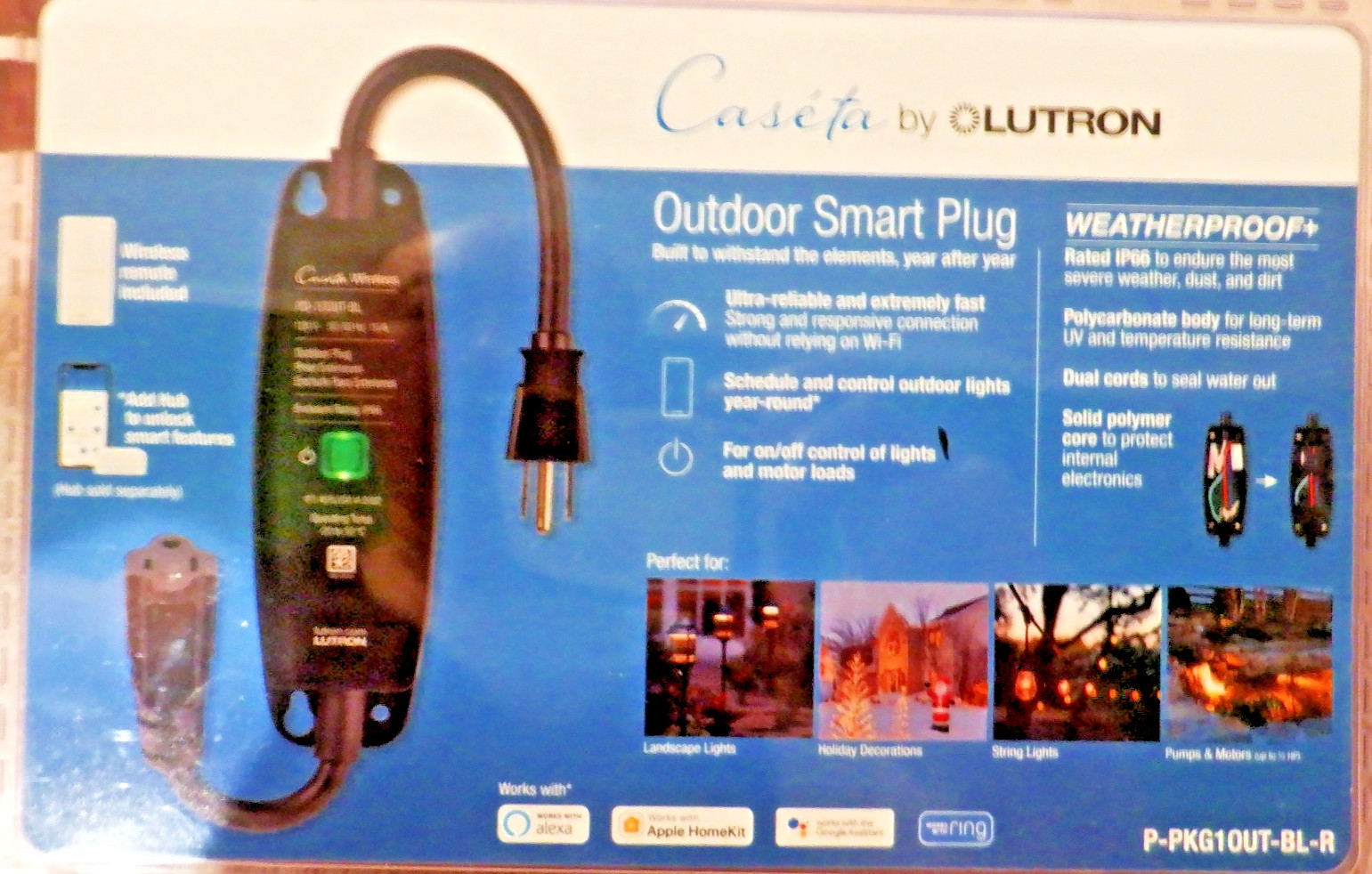 Lutron Caseta Weatherproof Outdoor Smart Plug + Romote on/off 15A P-PKG1OUT-BL-R