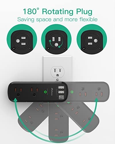 USB Outlet Extender Surge Protector 1800J 6 AC 3 USB Rotating Plug Travel