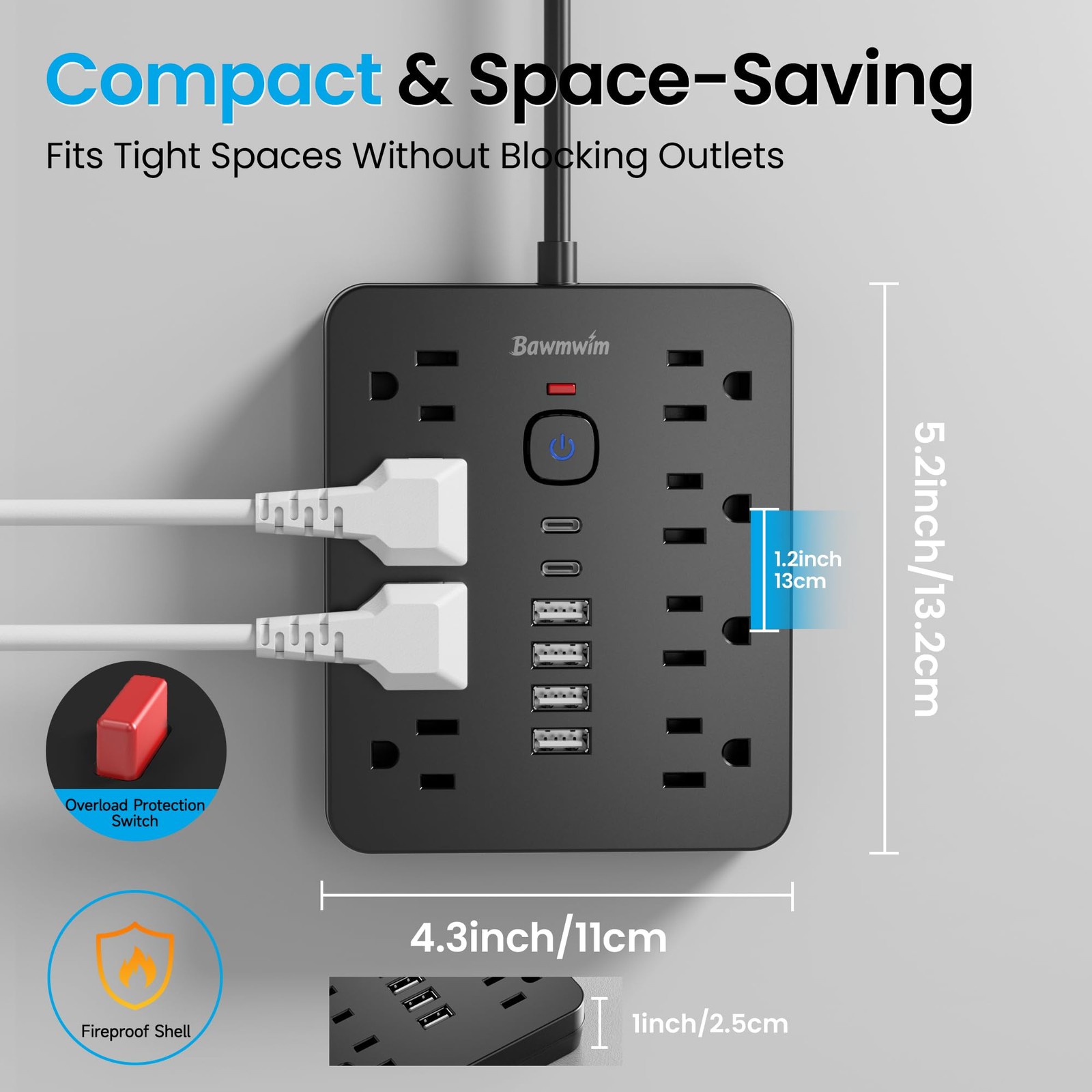 Surge Protector Power Strip, 8 Outlets(1250W/10A), 6 USB Charging Ports(2 USB…