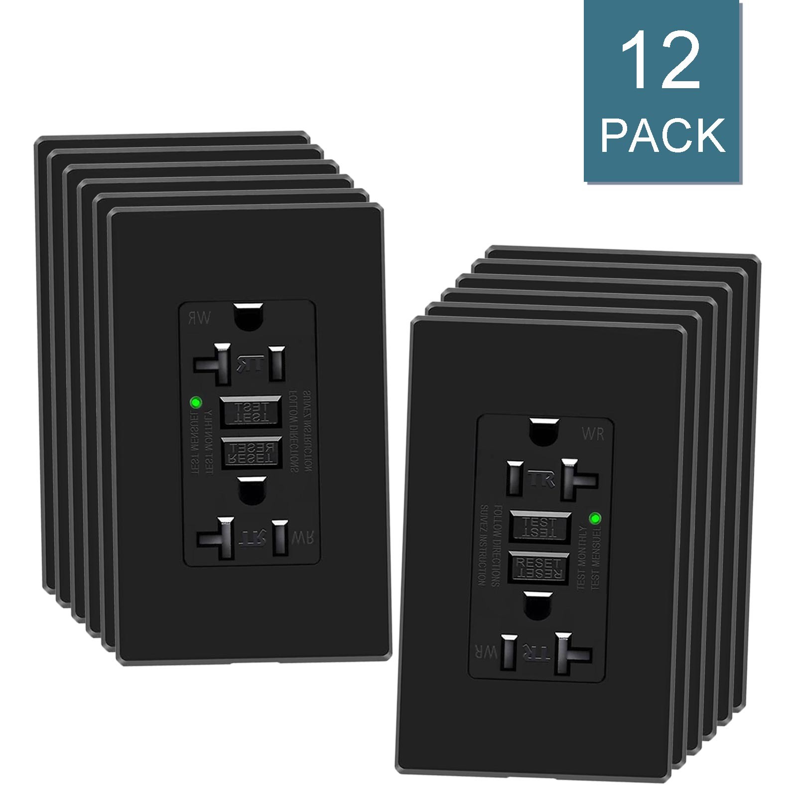 GFCI Outlet 20 Amp Ground Fault Circuit Interrupter Tamper-Resistant Black 12PCS