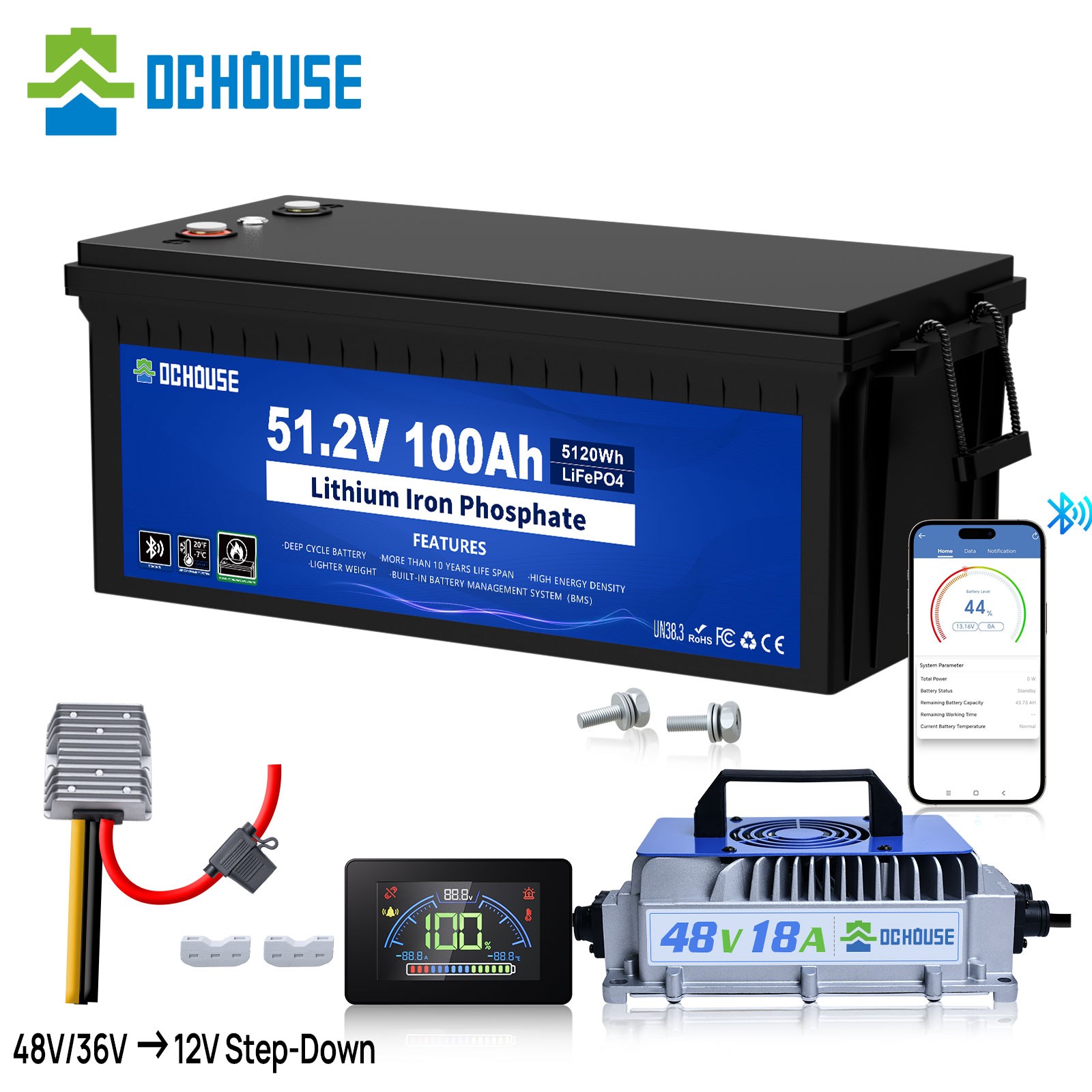 DC HOUSE 48V 100AH Golf Cart Lithium LiFePO4 Battery with 18A Charger Club Car